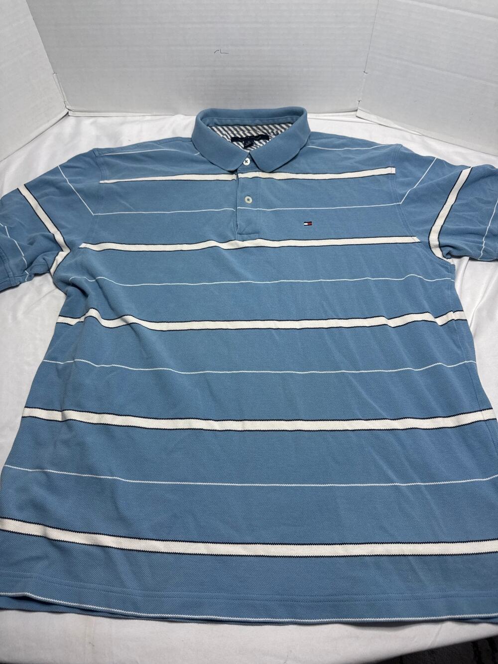 Tommy Hilfiger Mens XL Polo Shirt Blue White Striped 100% Cotton Flag Logo